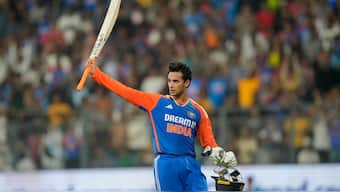 India opener Abhishek Sharma acknowledges the ovation from the crowd at the Wankhede Stadium after getting dismissed for 135 during the fifth T20I against England in Mumbai. AP