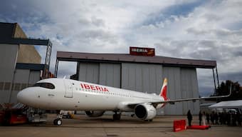 (File) Marco Sansavini, president of Iberia Airlines, speaks next to crew members and pilots during a media presentation to unveil Iberia's Airbus A321XLR jet in Madrid, Spain, November 13, 2024. Reuters