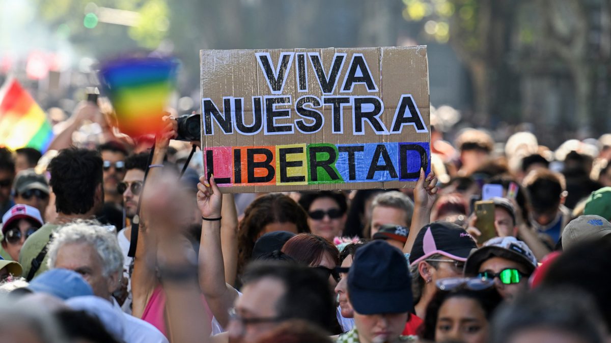 A demonstrator holds a sign that reads in spanish 'Long live our freedom' during a national march called by women and LGBTQ pride groups in repudiation of President Javier Milei's remarks in Davos on feminism and the LGBT community, in Buenos Aires. AFP A demonstrator holds a sign that reads in spanish 'Long live our freedom' during a national march called by women and LGBTQ pride groups in repudiation of President Javier Milei's remarks in Davos on feminism and the LGBT community, in Buenos Aires. AFP