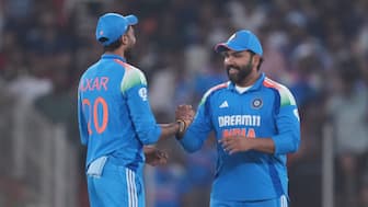 Rohit Sharma and Axar Patel during CT 2025 match against Bangladesh. Image: AP