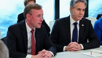 U.S. Secretary of State Antony Blinken looks on as U.S. National Security Advisor Jake Sullivan speaks. Reuters