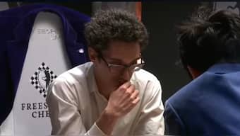Fabiano Caruana defeated Javokhir Sindarov via Armageddon to reach the final of the Freestyle Chess Grand Slam Tour in Weissenhaus. Image: YouTube screengrab / Chess.com 