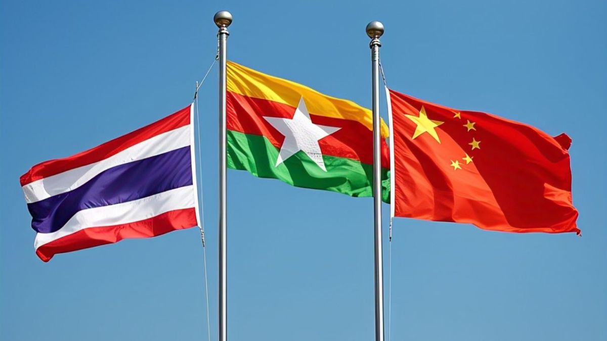 From L-R, flags of Thailand, Myanmar and China are pictured here. The three countries are linked due to scam networks affecting their territory or citizens. AI generated image via DALL-E From L-R, flags of Thailand, Myanmar and China are pictured here. The three countries are linked due to scam networks affecting their territory or citizens. AI generated image via DALL-E