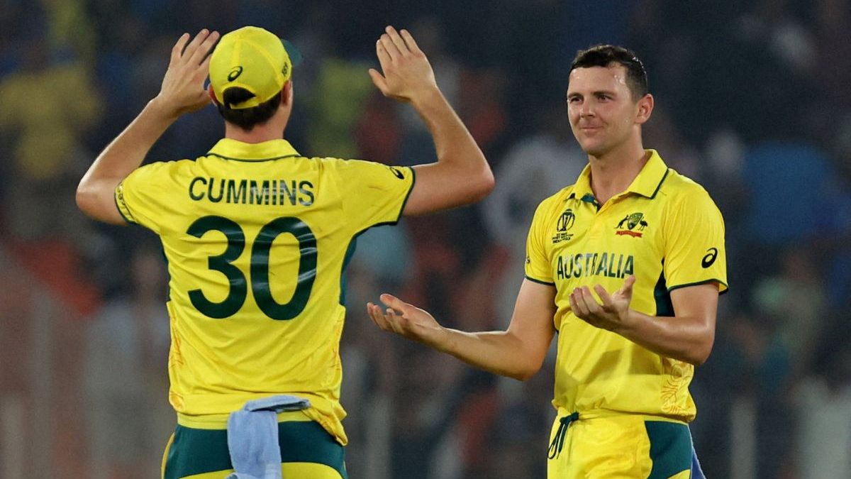 Josh Hazlewood celebrates with Pat Cummins after taking the wicket. Image: Reuters Josh Hazlewood celebrates with Pat Cummins after taking the wicket. Image: Reuters