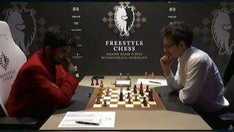D Gukesh in action against Fabiano Caruana in Game 1 of the Freestyle Chess Grand Slam Tour Weissenhaus quarter-finals. Image credit: Screengrab of Chess.com's live telecast on YouTube
