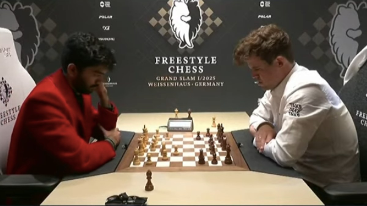 D Gukesh faced Magnus Carlsen for the first time since being crowned chess world champion in December during the ninth round of the Freestyle Chess Grand Slam Tour in Weissenhaus on Saturday. Image credit: Screengrab of Freestyle Chess's live stream on YouTube D Gukesh faced Magnus Carlsen for the first time since being crowned chess world champion in December during the ninth round of the Freestyle Chess Grand Slam Tour in Weissenhaus on Saturday. Image credit: Screengrab of Freestyle Chess's live stream on YouTube