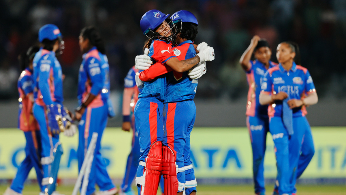 Delhi Capitals' Radha Yadav and Arundhati Reddy celebrate after scoring the winning runs off the last ball of the chase against Mumbai Indians. Image credit: X/@wplt20 Delhi Capitals' Radha Yadav and Arundhati Reddy celebrate after scoring the winning runs off the last ball of the chase against Mumbai Indians. Image credit: X/@wplt20