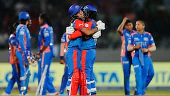 Delhi Capitals' Radha Yadav and Arundhati Reddy celebrate after scoring the winning runs off the last ball of the chase against Mumbai Indians. Image credit: X/@wplt20