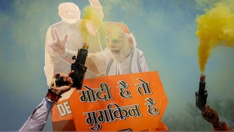 Bharatiya Janata Party (BJP) supporters celebrate outside the BJP state headquarters, as BJP is projected leading in the election results in the Delhi state, in New Delhi, India, February 8, 2025. File Image/Reuters