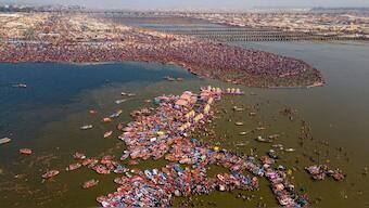 An aerial view of devotees at the Sangam during the ongoing Mahakumbh Mela 2025 in Prayagraj, Uttar Pradesh. File image/PTI