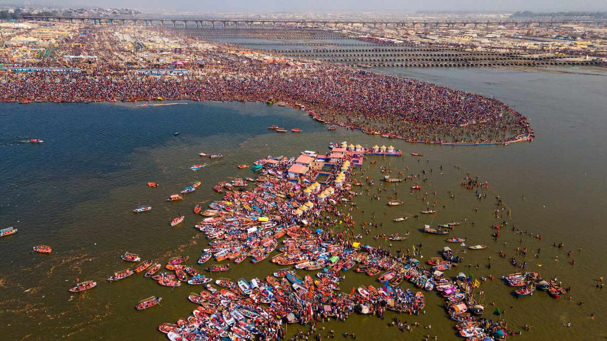 An aerial view of devotees at the Sangam during the ongoing Mahakumbh Mela 2025 in Prayagraj, Uttar Pradesh. File image/PTI An aerial view of devotees at the Sangam during the ongoing Mahakumbh Mela 2025 in Prayagraj, Uttar Pradesh. File image/PTI