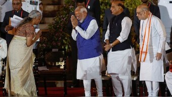 Nirmala Sitharaman of the Bharatiya Janata Party (BJP) and India's Prime Minister Narendra Modi gesture at each other, during the swearing-in ceremony at the presidential palace in New Delhi, India, June 9, 2024. (Photo: Reuters) 