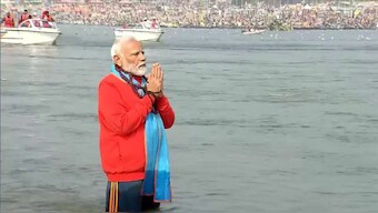 The photograph shows Prime Minister Narendra Modi at the Sangam in Prayagraj, Uttar Pradesh on February 5, 2025, when he took a dip in Ganga river during Maha Kumbh. (Photo: ANI)