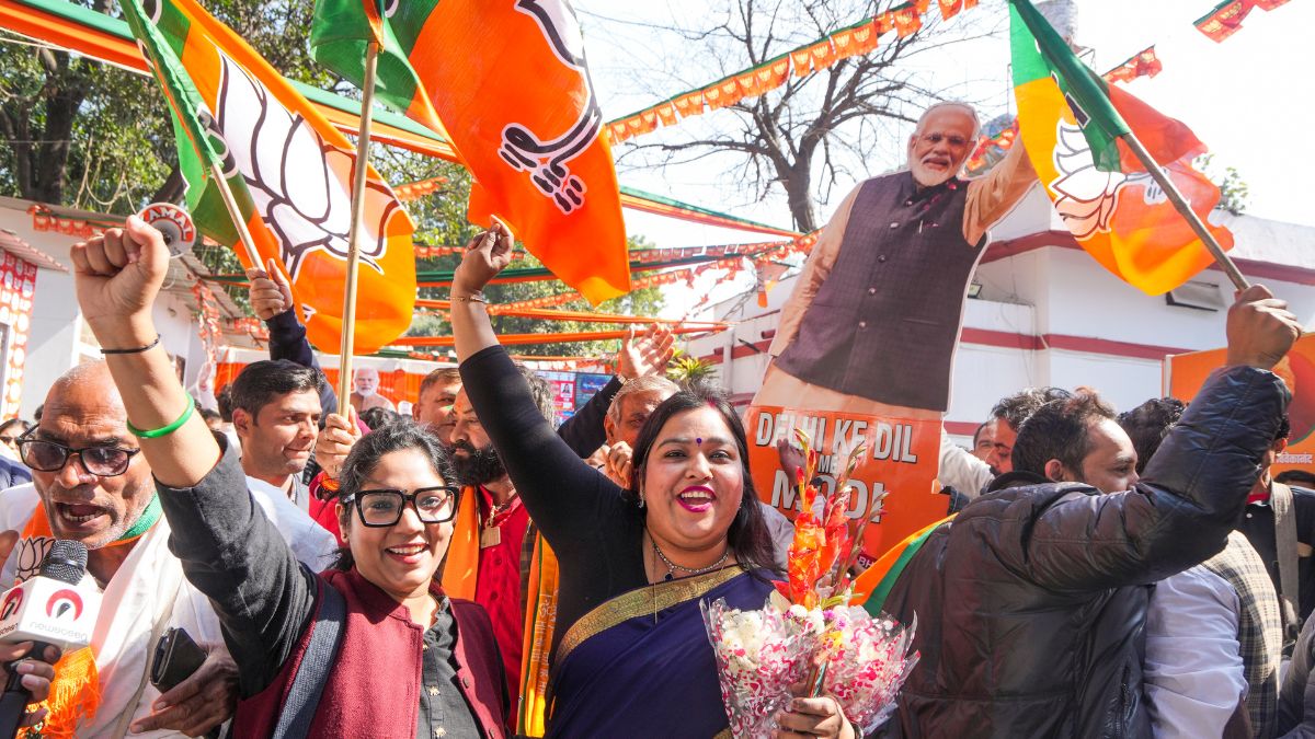 BJP supporters celebrate the party's decisive lead in the Delhi Assembly polls as counting of votes is underway, outside the Delhi BJP office in New Delhi, Saturday, Feb. 8, 2025. (Photo: PTI) BJP supporters celebrate the party's decisive lead in the Delhi Assembly polls as counting of votes is underway, outside the Delhi BJP office in New Delhi, Saturday, Feb. 8, 2025. (Photo: PTI)
