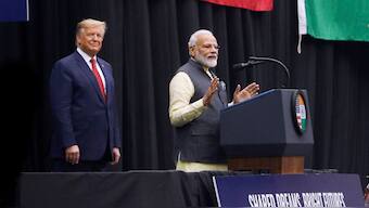US President Donald Trump looks on as Indian Prime Minister Narendra Modi speaks during a 'Howdy, Modi' rally at NRG Stadium in Houston, Texas, US September 22, 2019. (Photo: Reuters) 