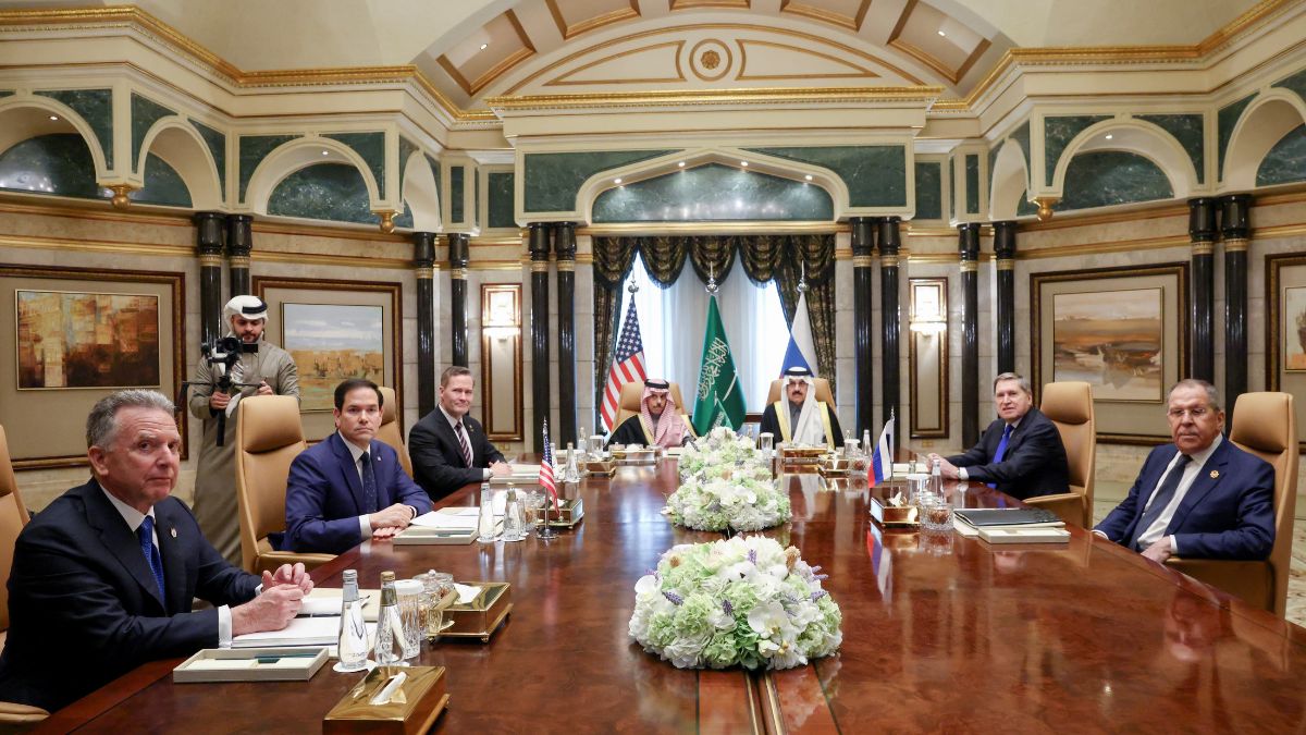 US Secretary of State Marco Rubio (second left) meets Russian Foreign Minister Sergei Lavrov (extreme right), at Diriyah Palace, in Riyadh, Saudi Arabia, February 18, 2025. Image: AP US Secretary of State Marco Rubio (second left) meets Russian Foreign Minister Sergei Lavrov (extreme right), at Diriyah Palace, in Riyadh, Saudi Arabia, February 18, 2025. Image: AP