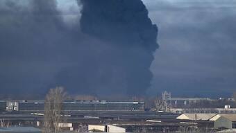 Black smoke rises from a military airport in Chuhuiv, near Kharkiv, Ukraine, after Russian airstrike. (Representative Photo, Credit: AFP)