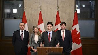 Outgoing Canadian Prime Minister Justin Trudeau (center) addresses media following the imposition of tariffs by US President Donald Trump against Canada in Ottawa, Ontario, Canada, on February 1, 2025. (Photo: AP)