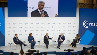 Jaishankar responds on whether global democracy is under threat by showing index finger. Image: X
