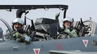 General Upendra Dwivedi (L) flies the LCA Tejas Mk 1A with Air Force Chief AP Singh