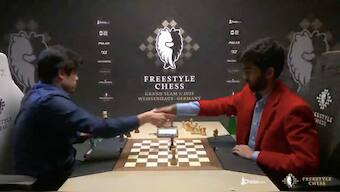 Hikaru Nakamura defeated D Gukesh in Game 2 of the rapid tie-breaks after Game 1 as well as the two Classical games in their 5th-8th classification match ended in a draw. Image credit: Screengrab of live telecast on Freestyle Chess' YouTube channel