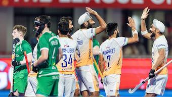 The Indian men's hockey team celebrates after scoring a goal against Ireland at the Kalinga Stadium in Bhubaneswar. Image credit: X/@FIH_Hockey