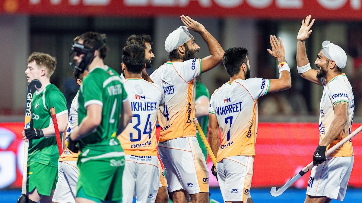 The Indian men's hockey team celebrates after scoring a goal against Ireland at the Kalinga Stadium in Bhubaneswar. Image credit: X/@FIH_Hockey The Indian men's hockey team celebrates after scoring a goal against Ireland at the Kalinga Stadium in Bhubaneswar. Image credit: X/@FIH_Hockey