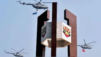 (file) Helicopters passing over the war memorial at Fort William during Vijay Diwas or Victory day celebrations in Kolkata. PTI