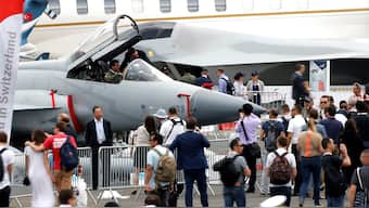 (File) Visitors look at J-F 17 Thunder fighter on static display during the 53rd International Paris Air Show at Le Bourget Airport near Paris, France on June 19, 2019. Reuters