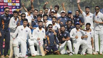 Jammu & Kashmir's Ranji Trophy team celebrates historic qualification. Image: PTI