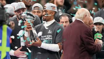 Philadelphia Eagles quarterback Jalen Hurts with the Lombardi Trophy. Image: Reuters