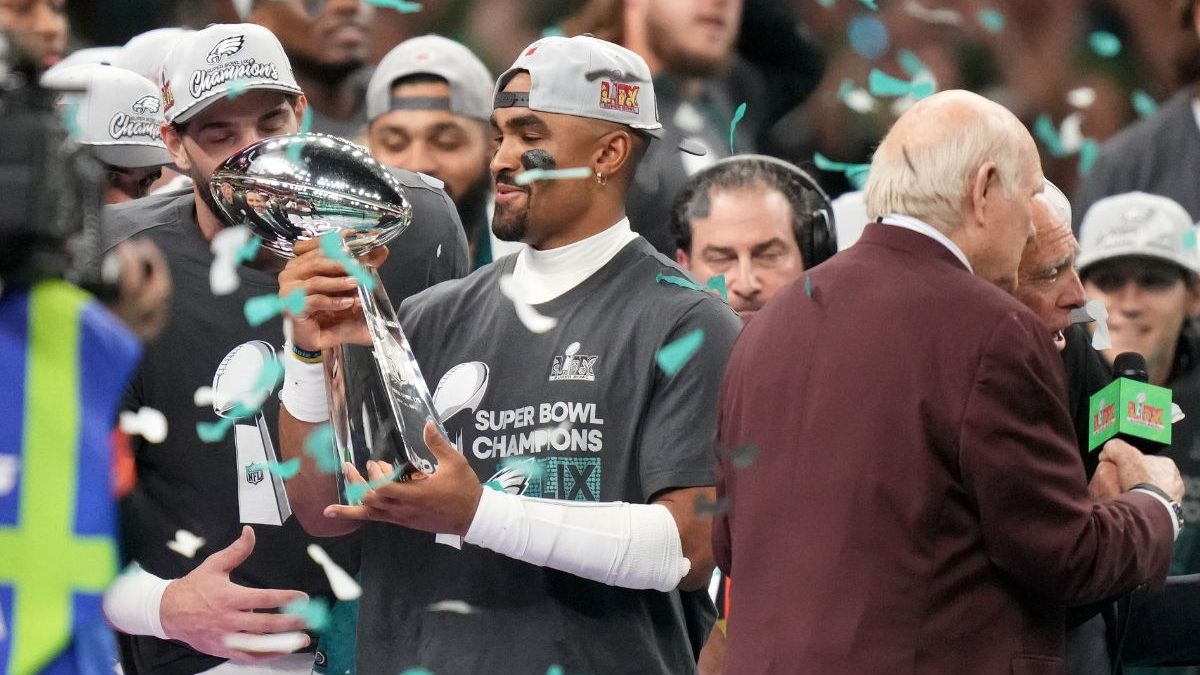 Philadelphia Eagles quarterback Jalen Hurts with the Lombardi Trophy. Image: Reuters Philadelphia Eagles quarterback Jalen Hurts with the Lombardi Trophy. Image: Reuters