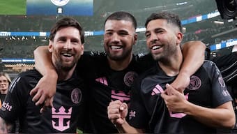 Inter Miami's Lionel Messi (left), Marcelo Weigandt and Jordi Alba celebrate during the club's pre-season fixture against Club America in Las Vegas. Reuters