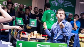 Magnus Carlsen reacts after defeating Hans Niemann during the knockout stage of the World Blitz Championship in New York City. Image credit: FIDE