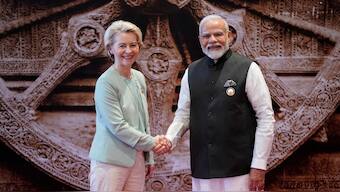 Indian Prime Minister Narendra Modi welcomes President of the European Union Ursula von der Leyen upon her arrival at Bharat Mandapam convention centre for the G20 Summit, in New Delhi, India, Saturday, September 9, 2023. File Image/Reuters