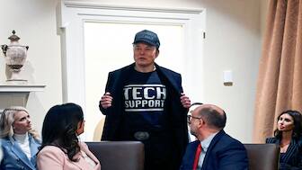 Elon Musk speaks as President Donald Trump holds his first Cabinet meeting at the White House in Washington, on Wednesday. AP