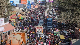Vehicles stuck in a jam due to traffic restrictions during the ongoing Mahakumbh Mela 2025, in Prayagraj, Sunday, February 9, 2025. PTI