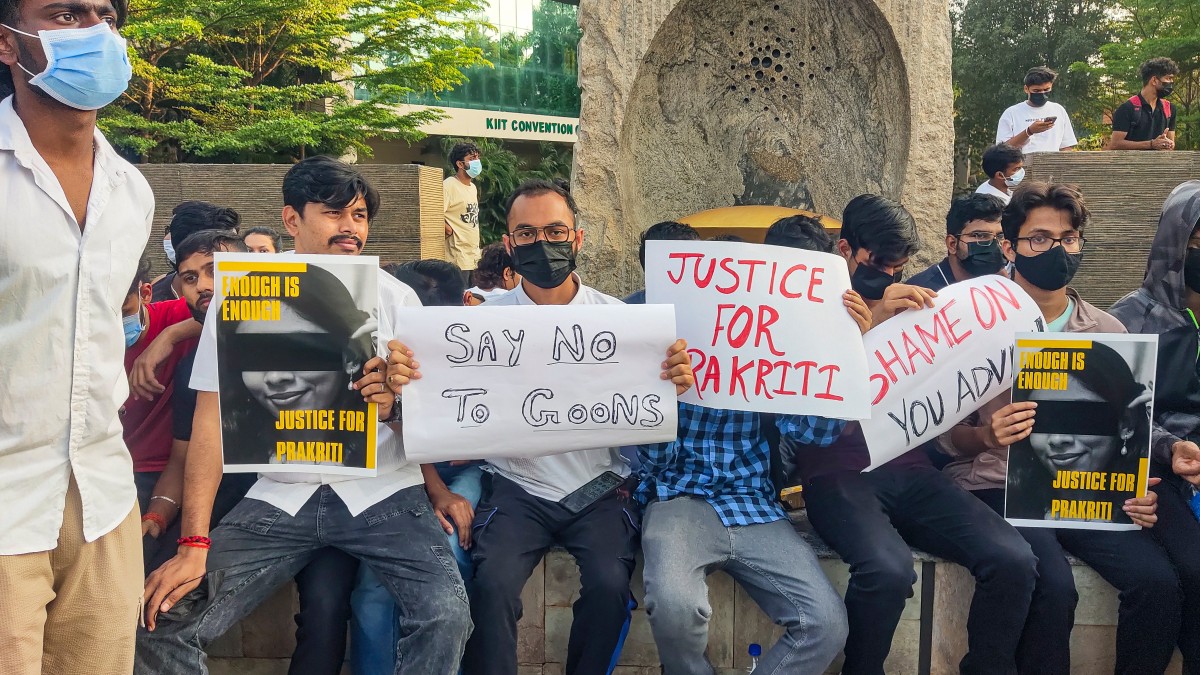 Students hold placards during a protest over the death of a Nepali student at the Kalinga Institute of Industrial Technology (KIIT), in Bhubaneswar, Tuesday, February 18, 2025. PTI Students hold placards during a protest over the death of a Nepali student at the Kalinga Institute of Industrial Technology (KIIT), in Bhubaneswar, Tuesday, February 18, 2025. PTI