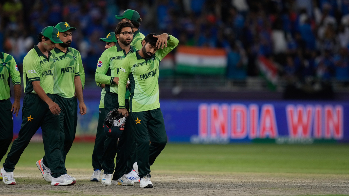 Pakistani players wear a dejected look following their six-wicket defeat against arch-rivals India in the ICC Champions Trophy. AP Pakistani players wear a dejected look following their six-wicket defeat against arch-rivals India in the ICC Champions Trophy. AP