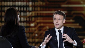 French President Emmanuel Macron attends an interview with French Journalist Laurent Delahousse and  Firstpost Managing Editor Palki Sharma Upadhyay, on national television, ahead of the Artificial Intelligence Action Summit at the Grand Palais in Paris. AP
