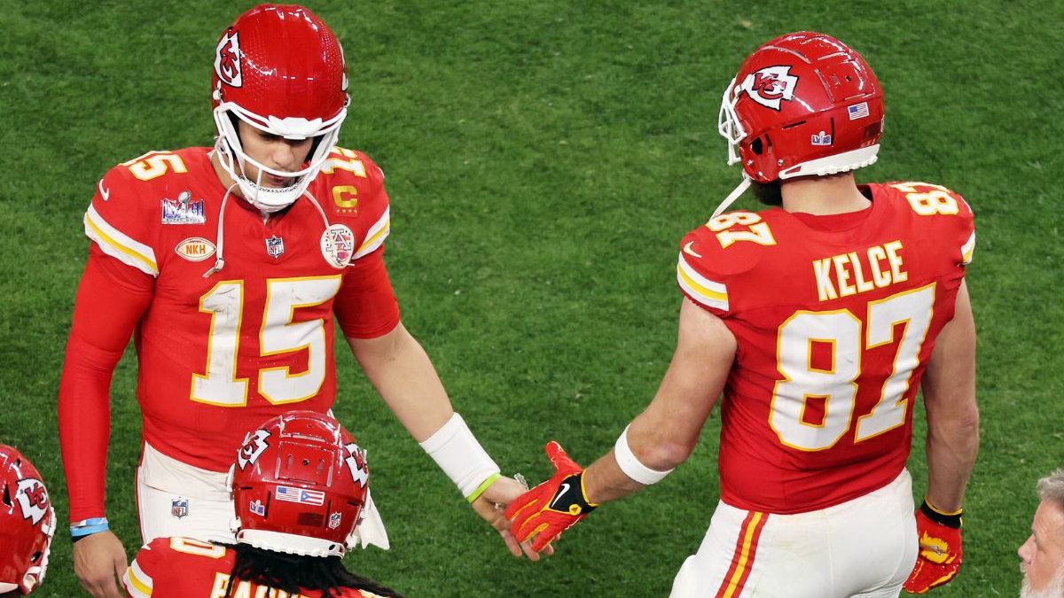Patrick Mahomes and Travis Kelce shake hands after a match. Image: Reuters Patrick Mahomes and Travis Kelce shake hands after a match. Image: Reuters