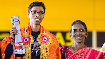 R Praggnanandhaa with his mother after he received a heroes' welcome in Chennai post his Tata Steel Chess Masters win. PTI 