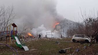 Ukrainian rescuers working to extinguish a fire at the site at a damaged residential building following a missile strike in Poltava, amid the Russian invasion on Ukraine.  AFP Photo