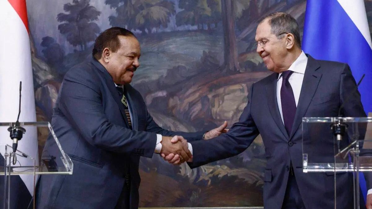 Russian Foreign Minister Sergei Lavrov and his Sudanese counterpart Ali Yousuf Al-Sharif shake hands during a press conference following their talks in Moscow, Russia, February 12, 2025. Image- AP Russian Foreign Minister Sergei Lavrov and his Sudanese counterpart Ali Yousuf Al-Sharif shake hands during a press conference following their talks in Moscow, Russia, February 12, 2025. Image- AP