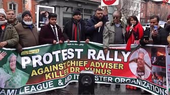 Awami League supporters protest against Yunus government outside Blair House in Washington. Image: PTI