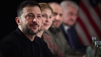 President of Ukraine Volodymyr Zelensky (L) listening to the Vice President of the United States (not in picture) during their talks on the sidelines of the Munich Security Conference. Image- AFP