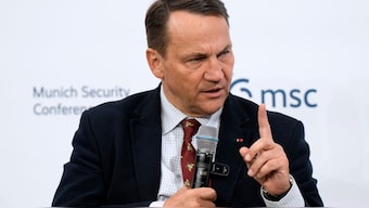 Poland's Foreign Minister Radoslaw Sikorski speaks at a panel discussion during the Munich Security Conference at the Bayerischer Hof Hotel in Munich, Germany, Saturday, Feb. 15, 2025, Image- AP