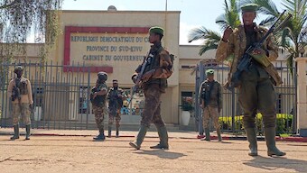 M23 rebels guard outside the South Kivu province administrative office, at the centre of east Congo's second-largest city, Bukavu, Sunday, Feb. 16, 2025. Image- AP