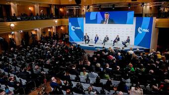Andrej Plenkovic, Prime Minister, Republic of Croatia, Kristr˙n Mjoll Frostadottir, Prime Minister of Iceland, Alexander Stubb, President of Finland and Edgars Rinkevics, President of Latvia, from left, speak as part of a panel discussion during the Munich Security Conference at the Bayerischer Hof Hotel in Munich, Germany, Sunday, Feb. 16, 2025.  Image- AP