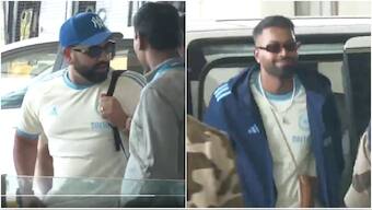 India captain Rohit Sharma and all-rounder Hardik Pandya arrive at the Chhatrapati Shivaji Maharaj International Airport in Mumbai on Saturday, 15 February. Image credit: Screengrab of video posted by ANI on X